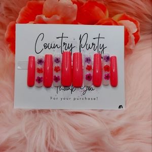 Custom long press on nails with encapsulated flowers pink and white size medium